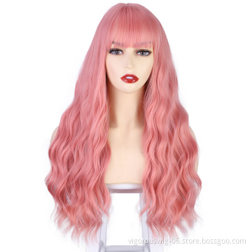 Vigorous Good quality Long Synthetic Heat Resistant Full Cheap Long Pink Fluffy Curly Wavy Hair Wigs With Bangs
